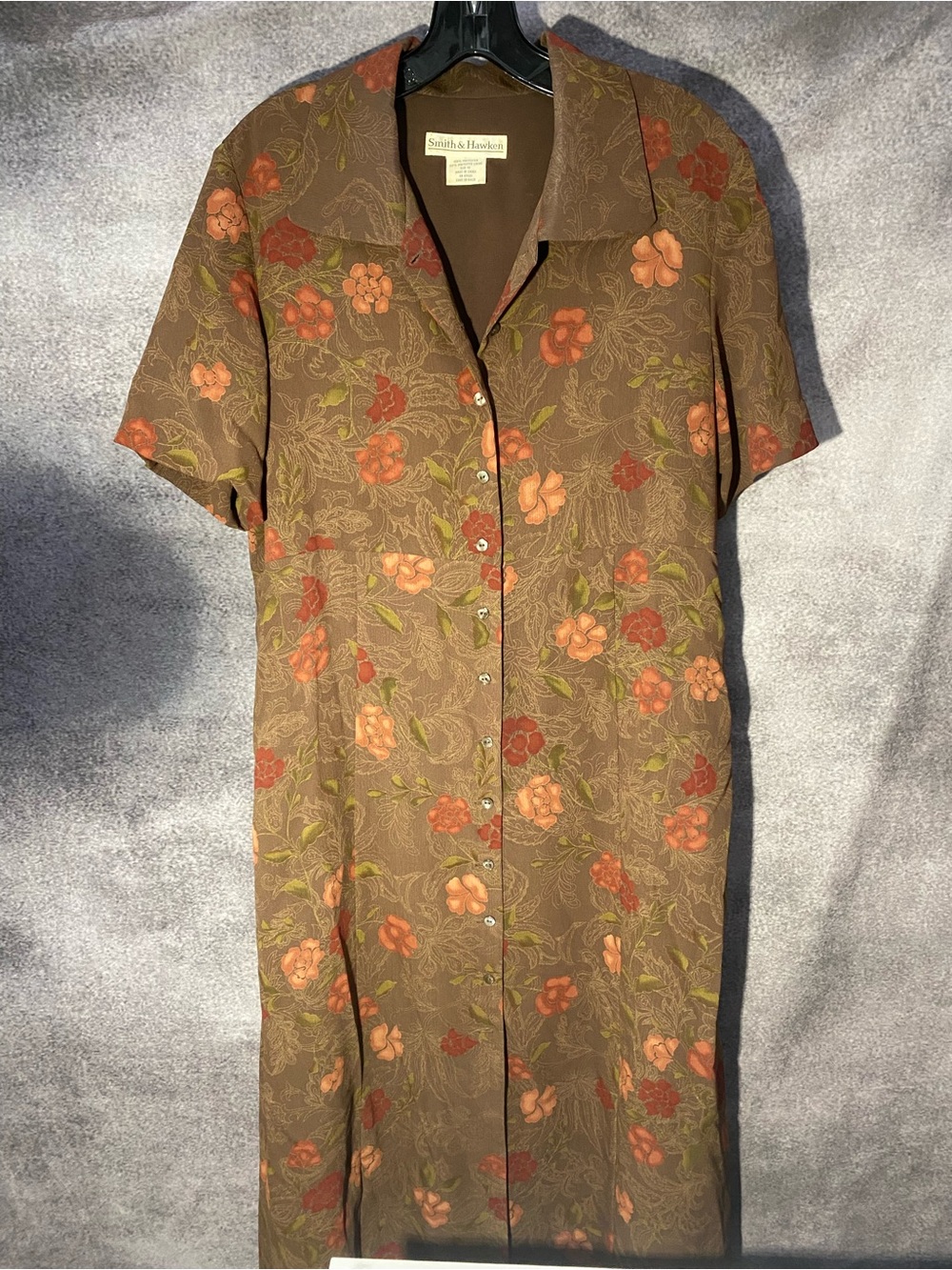 Smith & Hawken Womens Size 12 Floral Button Front Short Sleeve Maxi Dress Brown